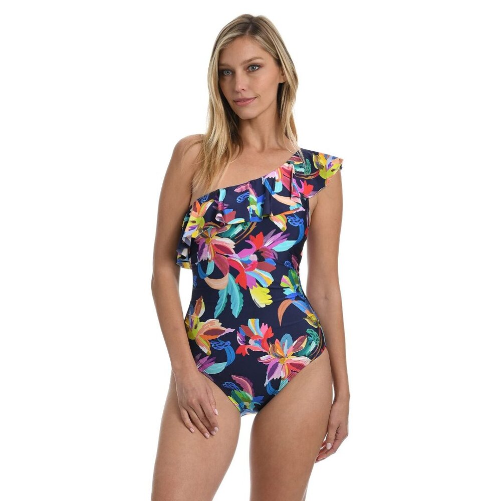 La Blanca Womens Shoulder Ruffle Mio One Piece Swimsuit, Indigo by The Sea, 18